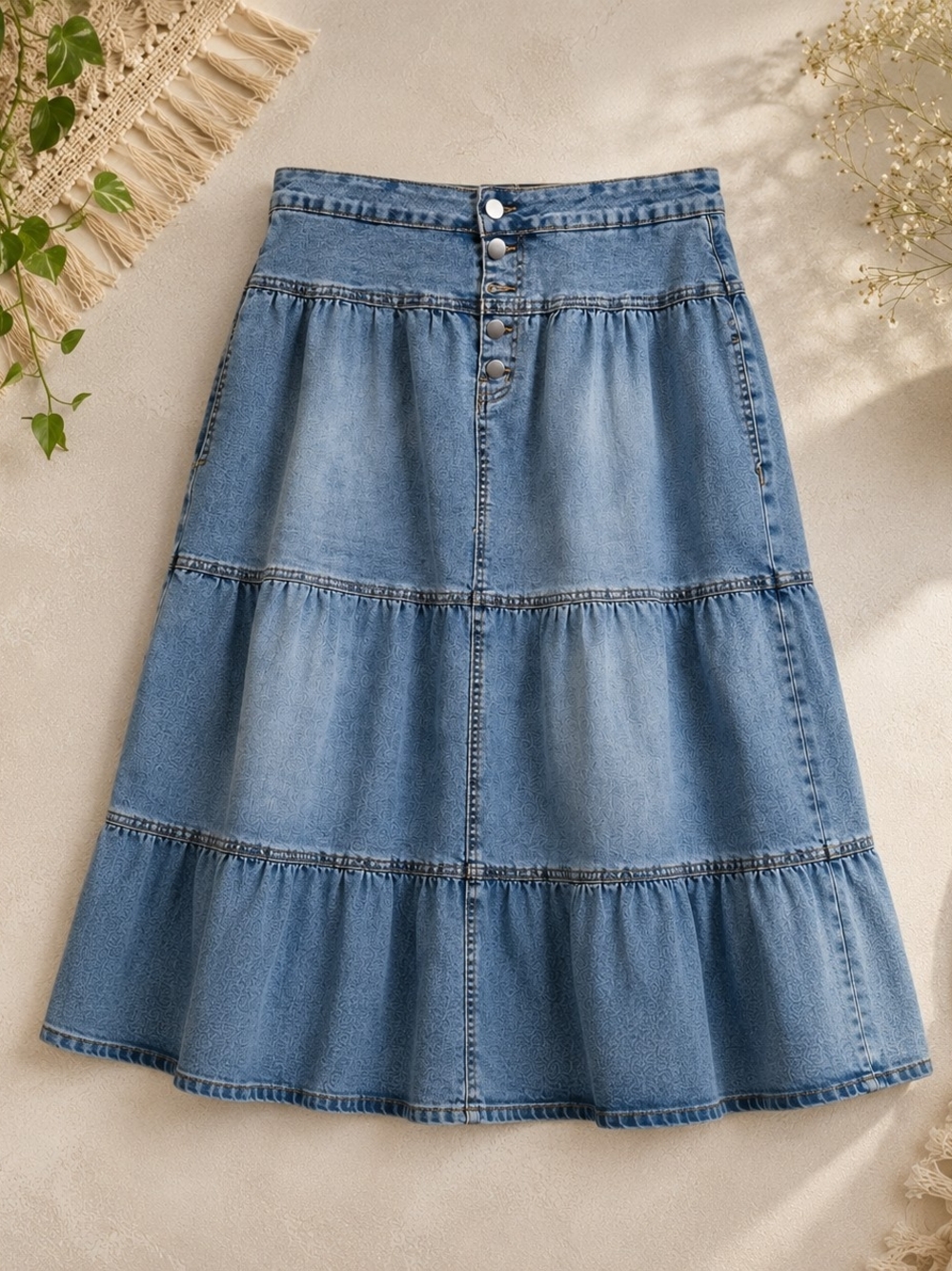 Women's Denim Tiered Midi Skirt 1XL Blue Button Front Pockets Boho Stretch